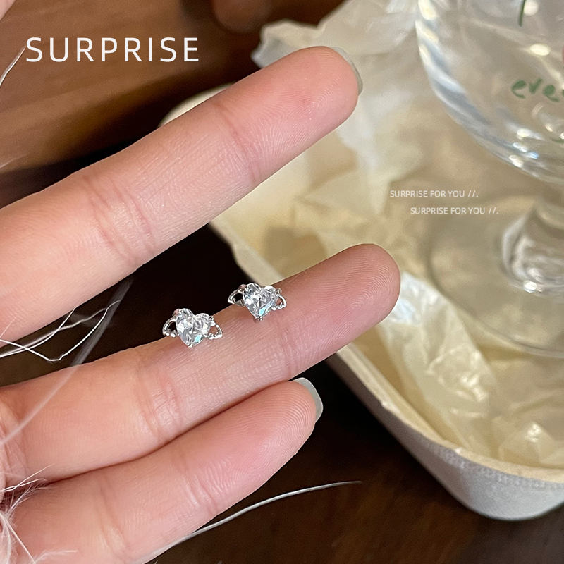 Surprise 999纯银爱心翅膀耳钉女小众设计养耳洞耳骨钉高级感耳饰