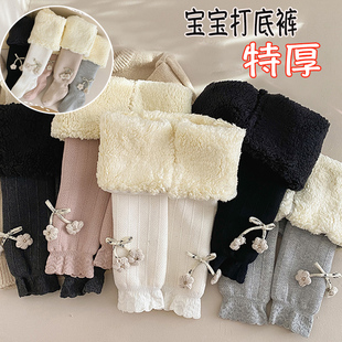 宝宝周岁白色冬季特厚打底裤女童公主加绒加厚不连脚连裤袜零下棉