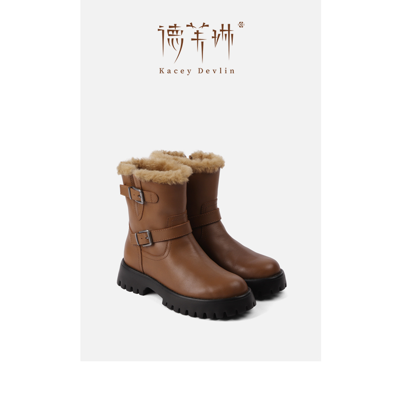 德芙琳Kacey Devlin冬季新款机车厚底毛绒靴KD4015