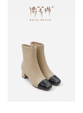 德芙琳Kacey Devlin秋冬新款真皮粗跟中跟瘦瘦中筒靴KD3145