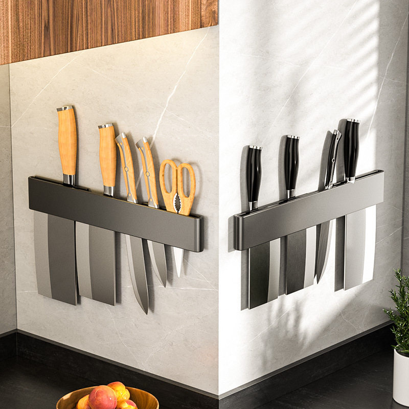 免打孔厨房刀架置物架不锈钢壁挂式简约刀座收纳放菜刀插刀架灰