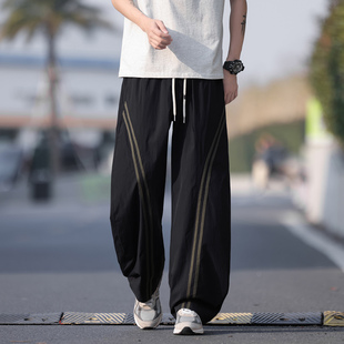 百搭潮流裤 男黑色条纹拼接宽松阔腿长裤 子 舒适弯刀休闲裤 2026新款