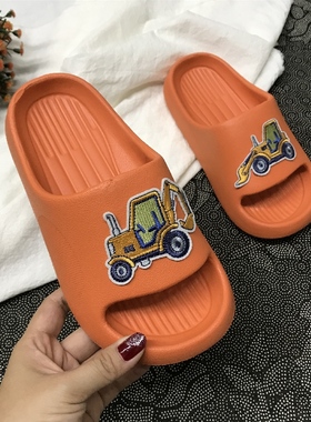 巧贝淘橙色eva挖掘机推土汽车可爱亲子一家三口居家室内儿童拖鞋