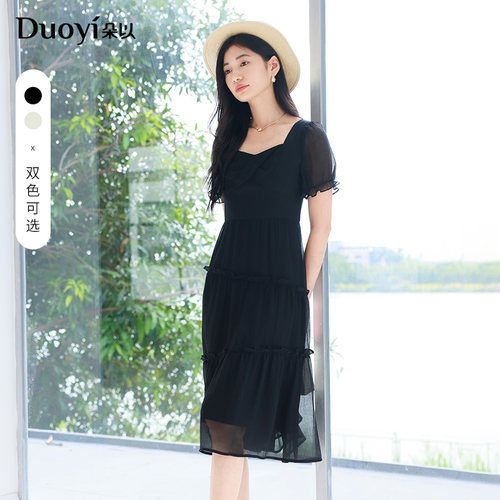 朵以夏季方领泡泡袖网纱显瘦裙