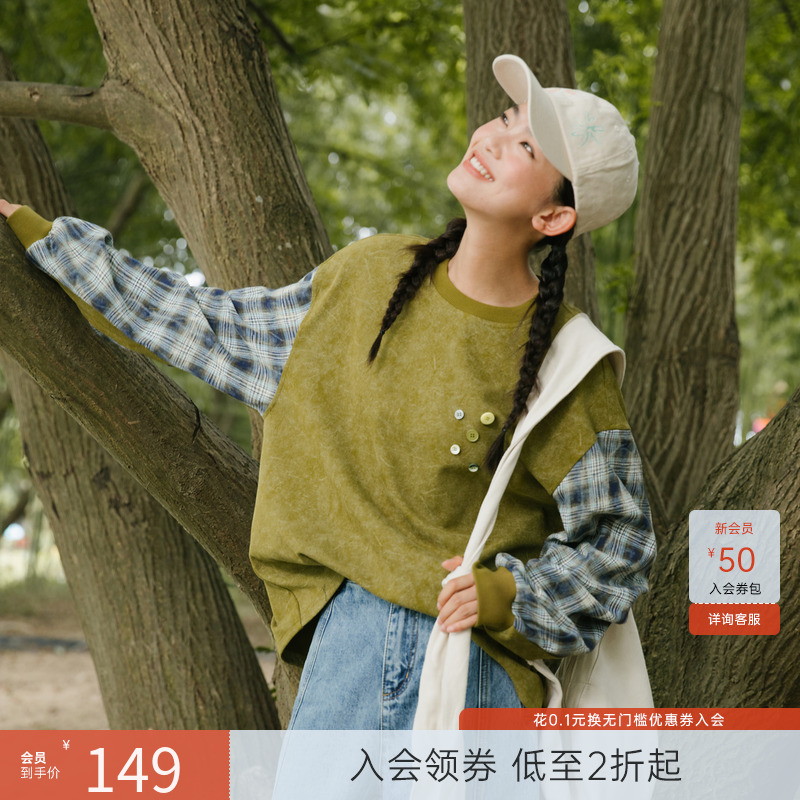 飞鸟和新酒小个子格纹圆领卫衣女2024秋季新款短款休闲时尚上衣