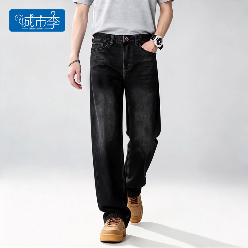 城市李#6190夏季新款男士黑色无弹八分宽松直筒牛仔裤 莱塞尔牛仔