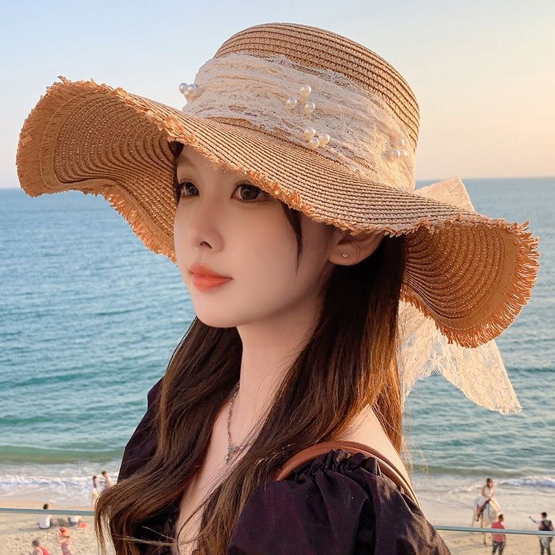 韩版编织草帽女夏季蝴蝶结飘带大檐太阳帽减龄海边度假沙滩遮阳帽