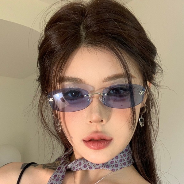 欧美辣妹风无框墨镜女海边配饰方形蓝色太阳镜y2k高级感中古眼镜