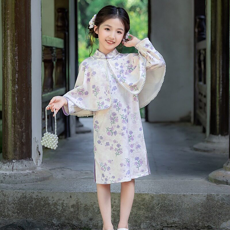 旗袍女童新中式2026秋季新款儿童中国风披肩公主裙日常紫色连衣裙