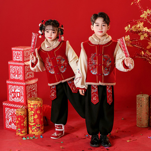 男童拜年服女童古装汉服冬装儿童过年服红色宝宝古风套装2026新款