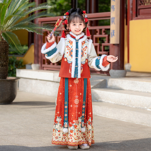 汉服女童冬季加厚明制马面裙套装儿童唐装拜年服秋冬新年冬装古装