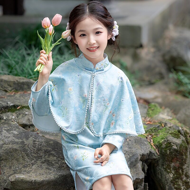 花语录女童披肩秋季旗袍连衣裙