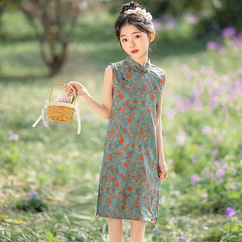 绿色新中式高端女童旗袍裙薄款夏图片