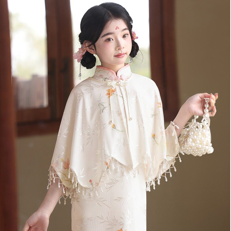 女童旗袍秋薄款改良新国风汉服儿童2026新款连衣裙礼服新中式披肩