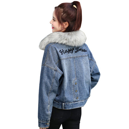 秋冬季新款牛仔外套女加厚原宿bf棉服短款刺绣宽松加绒小个子棉衣