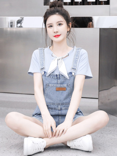 2024新款夏季牛仔背带短裤女减龄洋气设计感小清新小个子两件套装