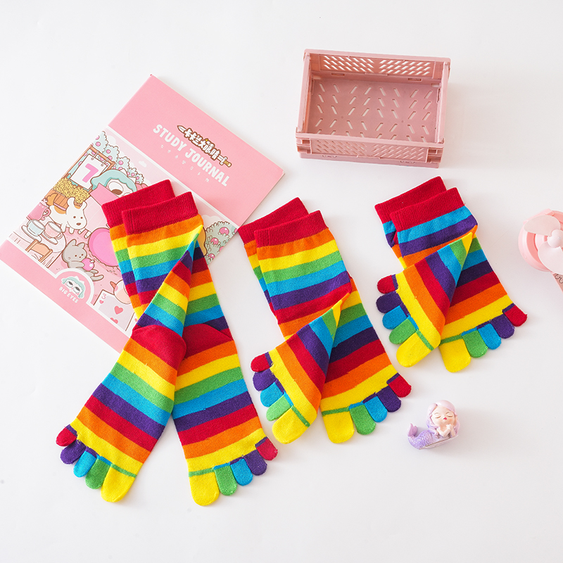 三分田彩虹五指袜春秋女彩条中筒