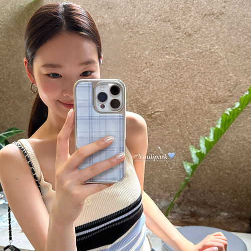 夏日电镀拼接蓝色格纹苹果手机壳