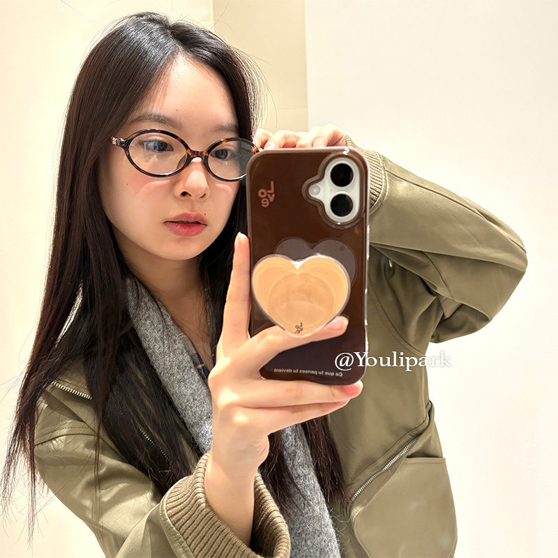 苹果手机壳复古咖啡棕爱心支架女