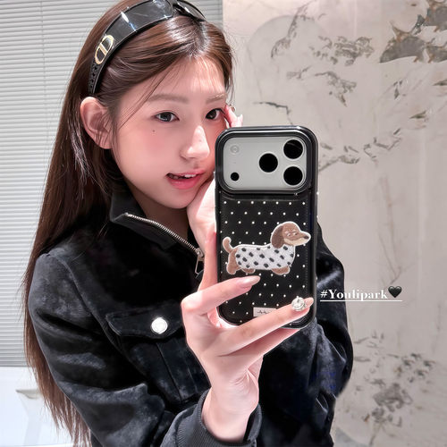 可爱波点刺绣腊肠狗苹果手机壳女