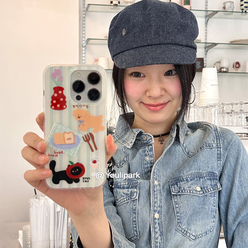 苹果手机壳清新条纹猫咪狗狗插画