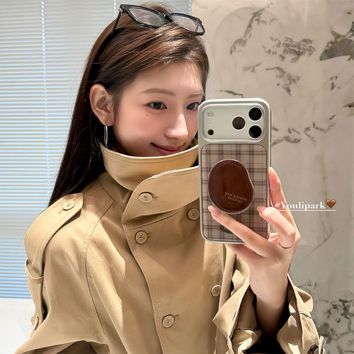 小众秋冬格纹几何支架苹果手机壳