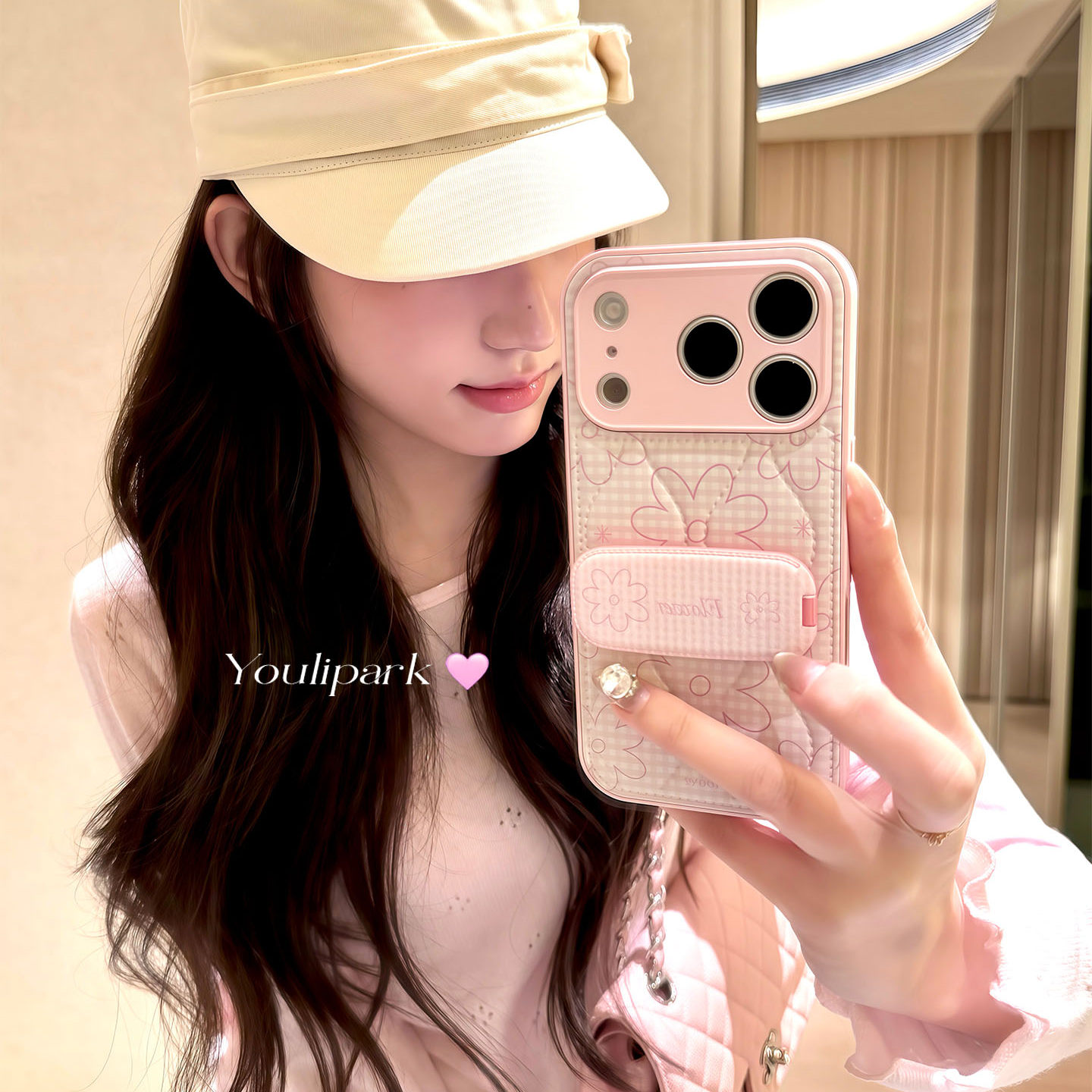 奶油粉格纹花朵支架苹果手机壳女