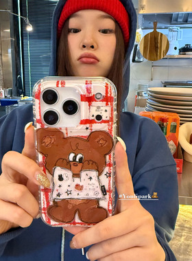 由里公园ins韩系秋冬可爱格纹涂鸦小熊17适用17pro苹果17ProMax手机壳iPhone16全包14新款16Promax保护套13女