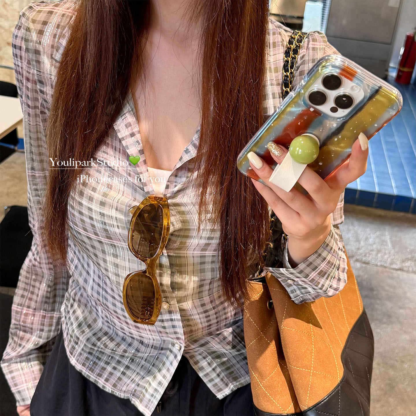 撞色条纹泼墨指环扣苹果手机壳女