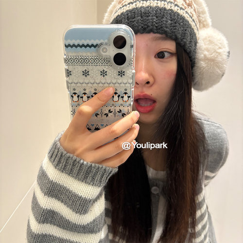 苹果手机壳费尔岛闪粉雪花小企鹅