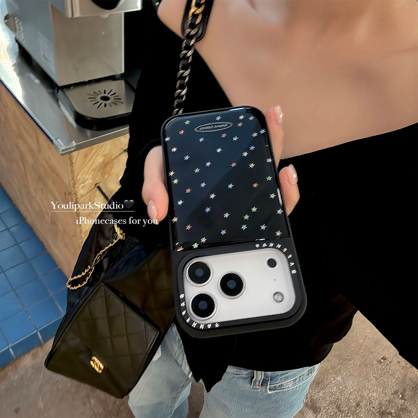 博主风甜酷黑彩色星星苹果手机壳