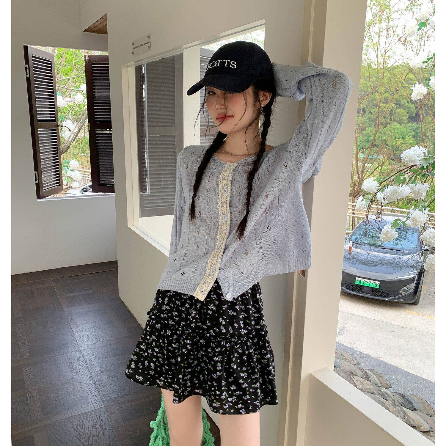 巨好看小众蓝色镂空针织开衫外套女夏秋薄款长袖上衣罩衫韩系