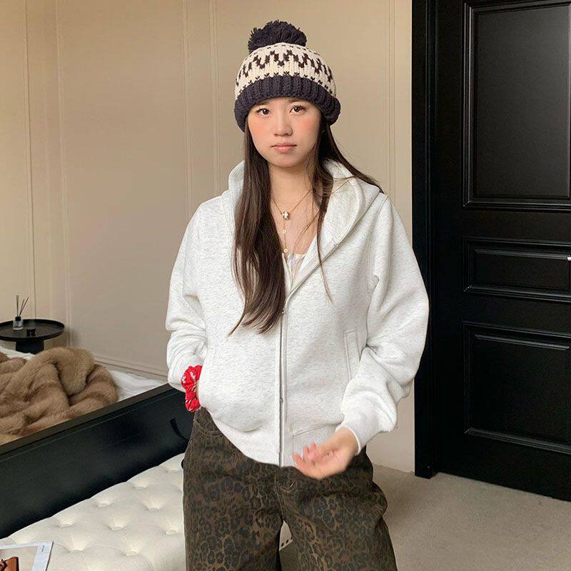 灰色短款连帽卫衣外套女秋季款宽松慵懒风双拉链开衫