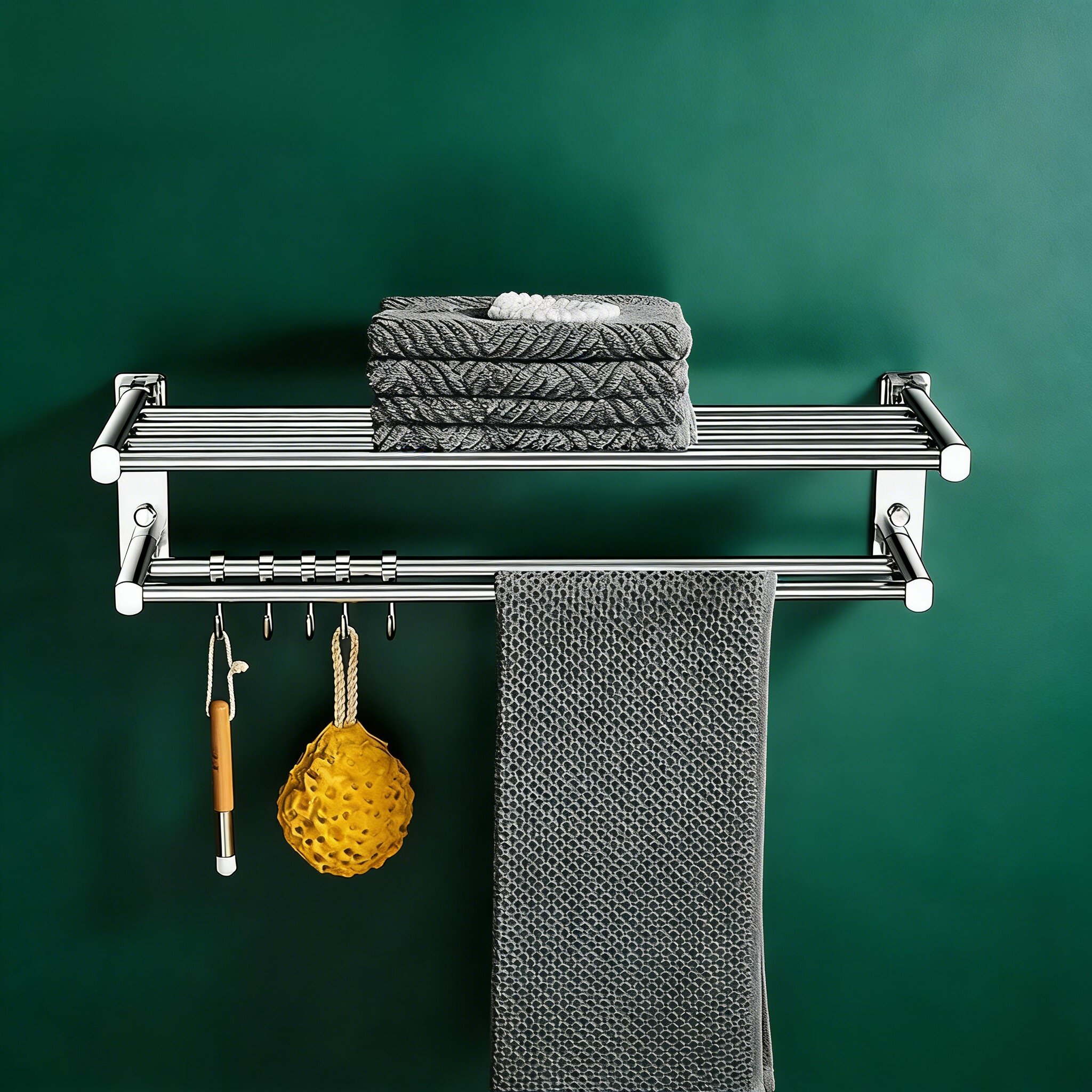 德国高端折叠浴巾架浴室全铜毛巾架卫生间淋浴房银色置物架免打孔