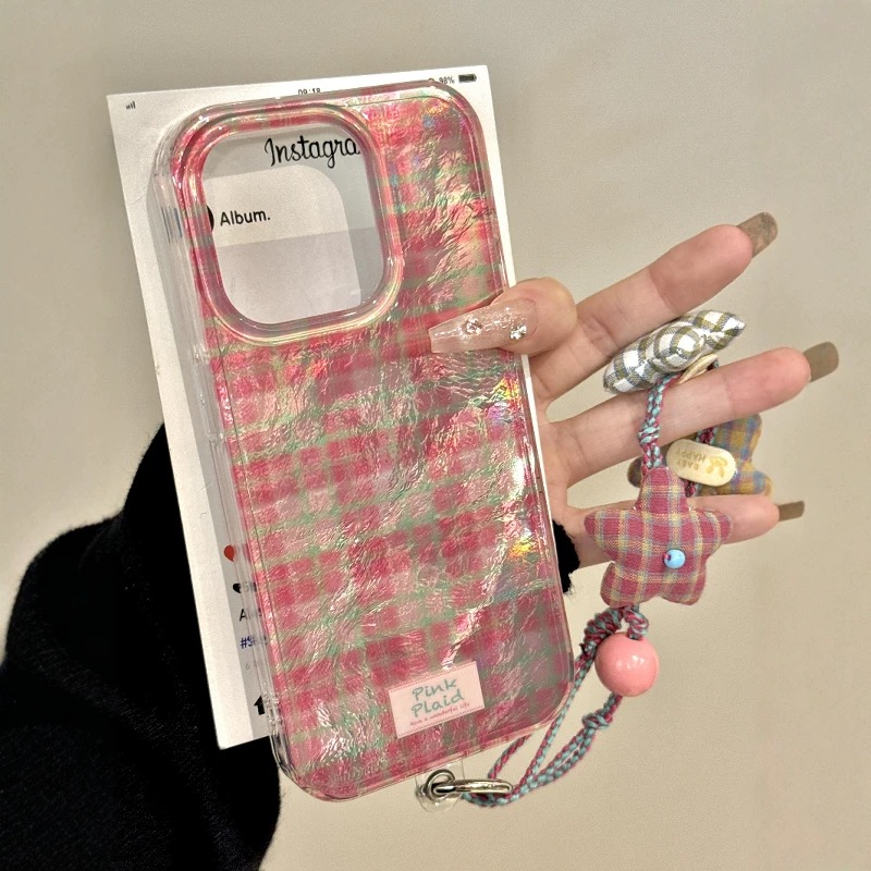 日韩系ins粉色格纹适用苹果16promax手机壳新款iPhone13promax全包冰川纹15pro女款11防摔12超火14网红软壳男