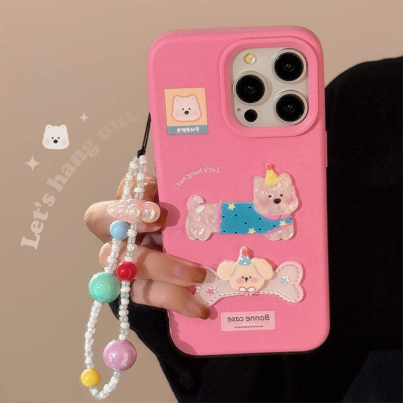 立体可爱狗狗骨头贴适用iPhone16promax手机壳带挂绳15pro液态卡通苹果13promax新款硅胶14防摔女11保护套软