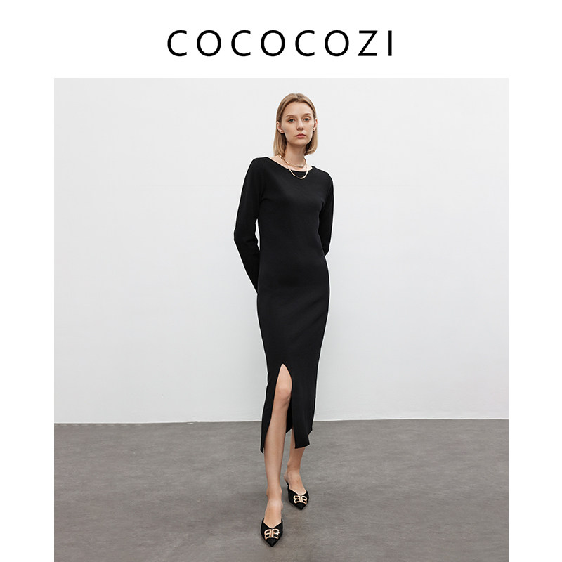 COCOCOZI【高知通勤】两面穿设计 圆领/一字领开衩针织打底连衣裙