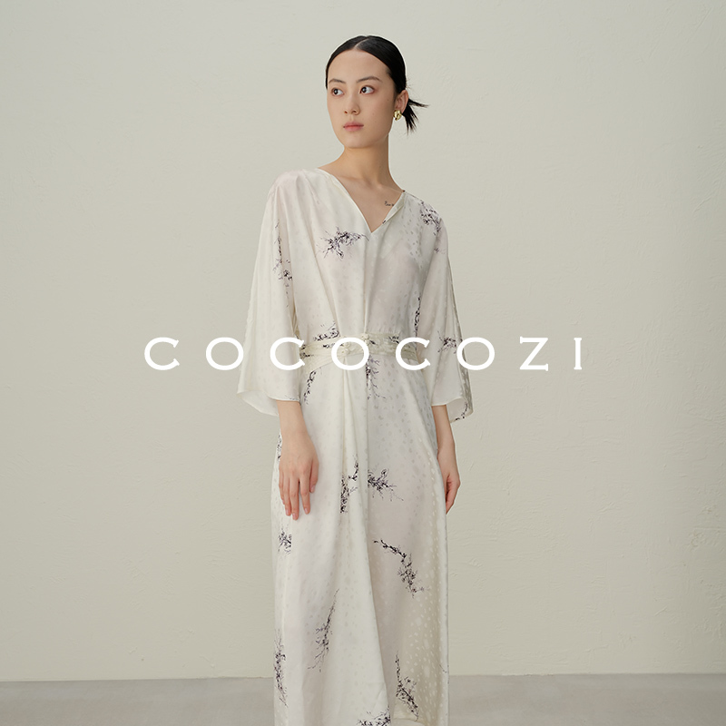 cococozi 真丝印花连衣裙2023年新款夏季女收腰宽松衬衫休闲长裙