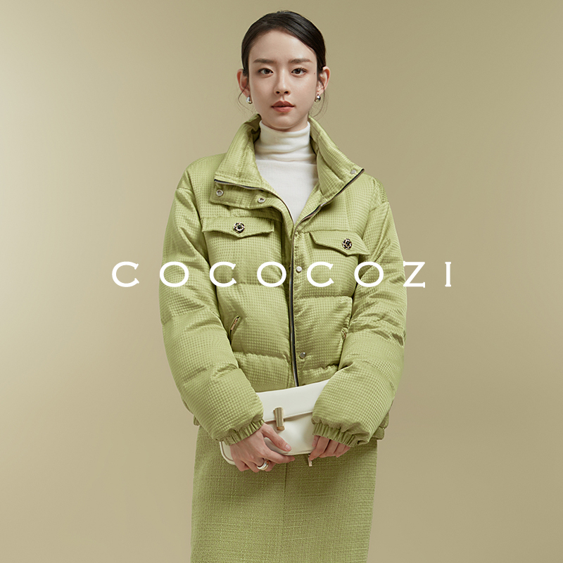 COCOCOZI真丝白鹅绒保暖羽绒服女冬季桑蚕丝夹克短款羊毛外套