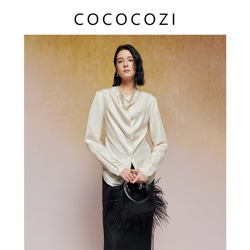 【淘宝直播间】春新款法式桑蚕丝斜纹荡领衬衫上衣女