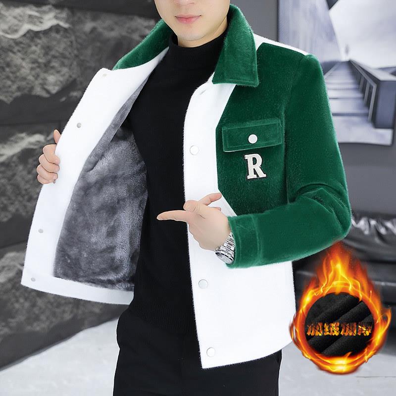 秋冬季水貂绒夹克男士加绒加厚外套短款风衣冬装高端毛呢大衣青年