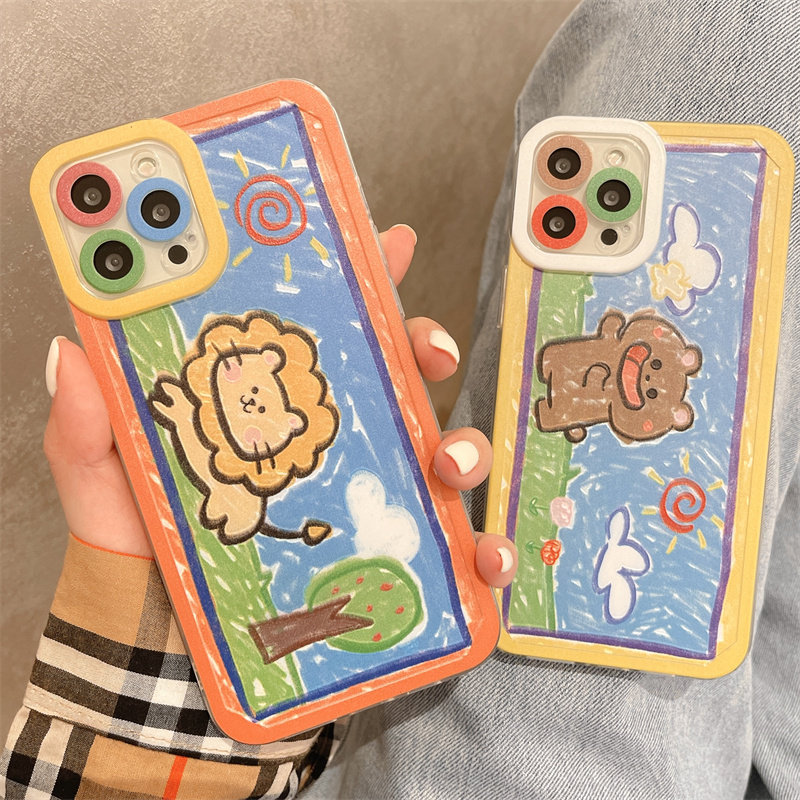 苹果13童趣彩绘画小狮子小熊iphone12手机壳适用11promax涂鸦动物新款
