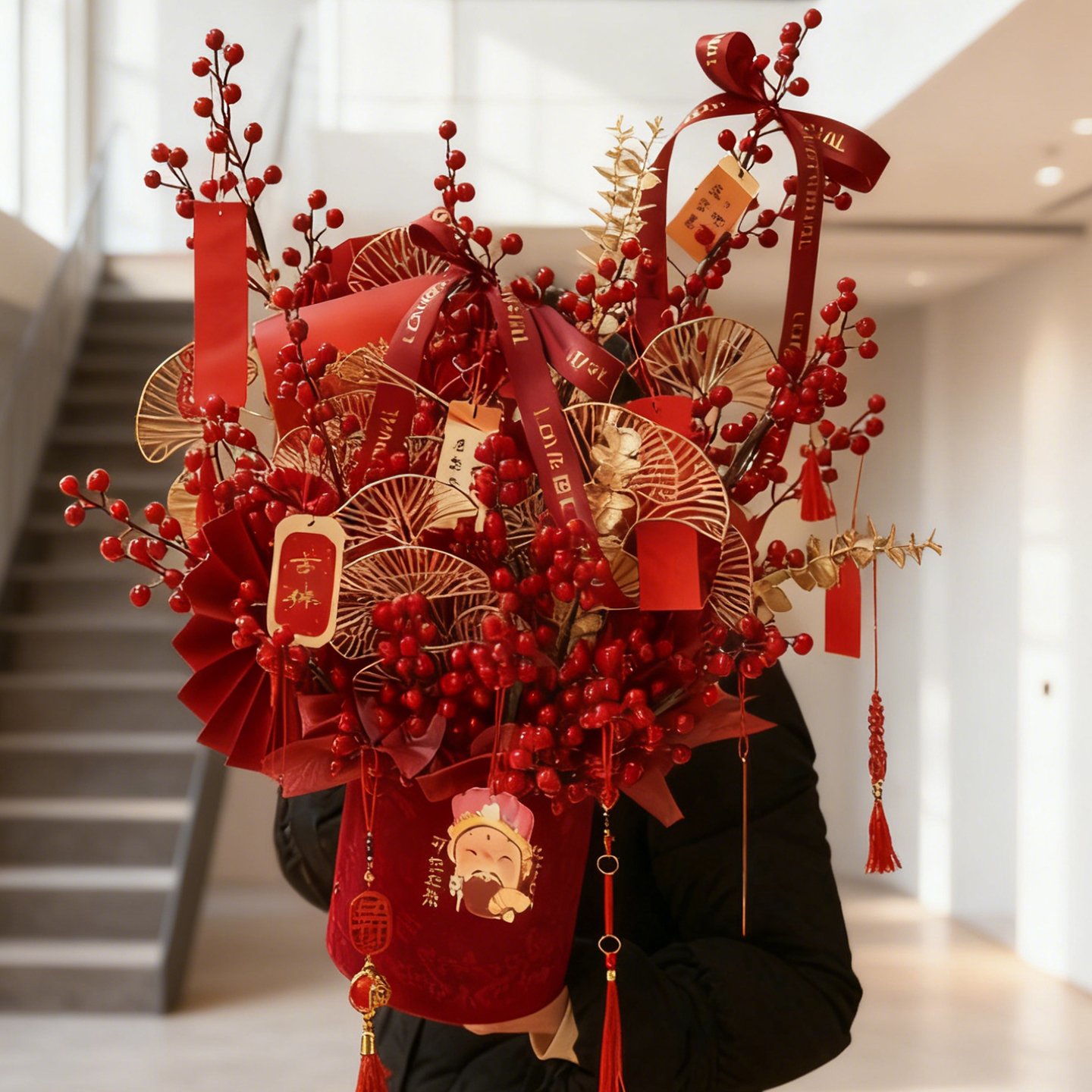 新年发财果插花冬青福桶diy材料包年宵花抱抱桶花桶元旦节花束