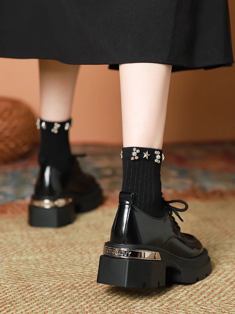 真皮厚底女式小皮鞋2025春秋季新平台增高平底鞋英式方趾厚跟乐福,女鞋,深口单鞋,淘宝优惠券,粉丝福利购,淘宝优惠卷