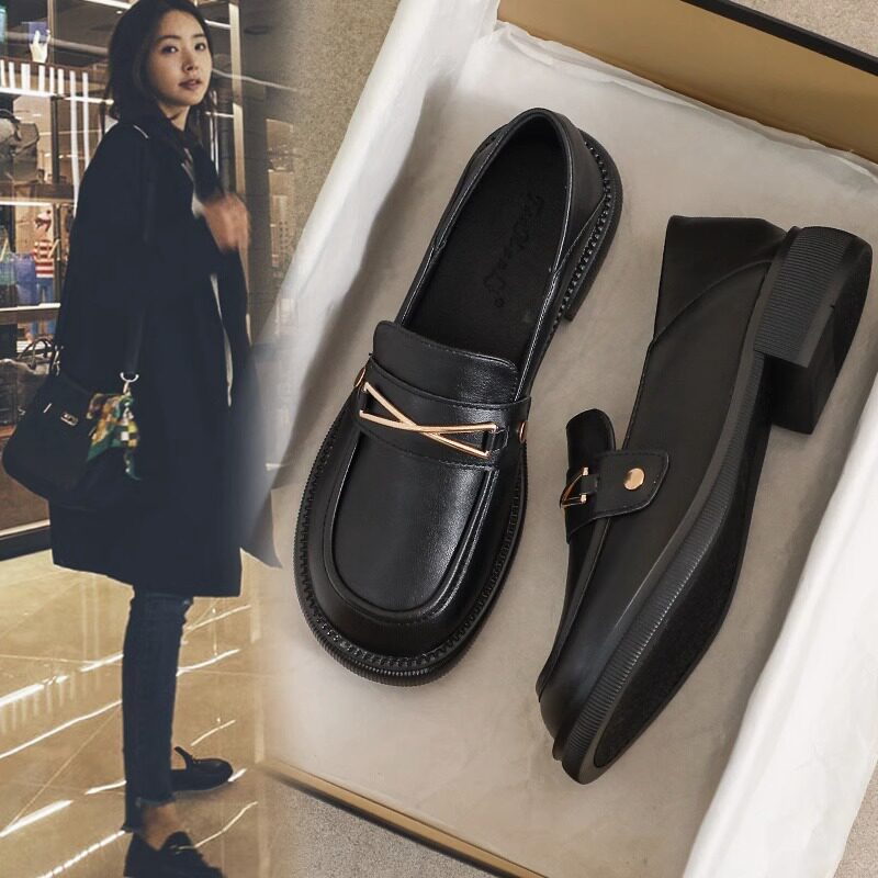 真皮乐福鞋女春夏季2025新款英伦风增高大尺码一脚蹬粗跟厚底小皮