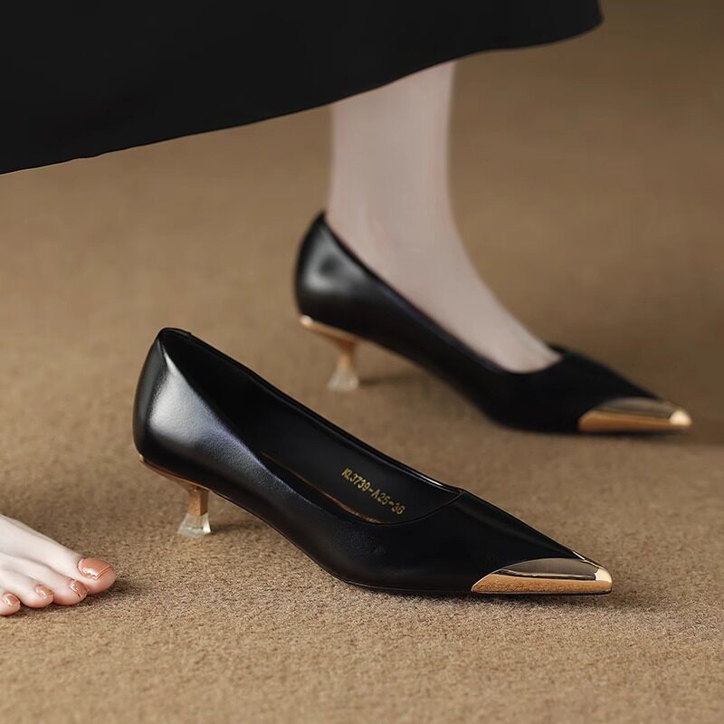 真皮气质高跟鞋女细跟2025春新款法式不累脚职业尖头浅口小跟单鞋