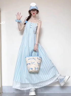 法式蓝色条纹吊带连衣裙子女夏季新款2025年小个子高级感长裙
