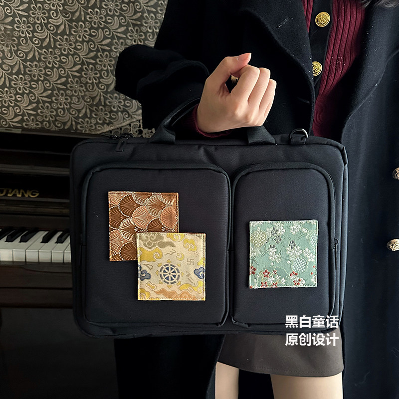 黑白童话原创中国风补丁贴布斜跨笔记本电脑包16寸大容量游戏本收纳包15.6寸适用苹果华为联想拯救者y9000p