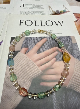 天然水晶白水晶海蓝宝萤石粉阿塞胶花铜镀真金原创串珠项链46cm