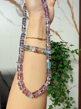 天然水晶紫水晶海蓝宝S925银手作项链46cm